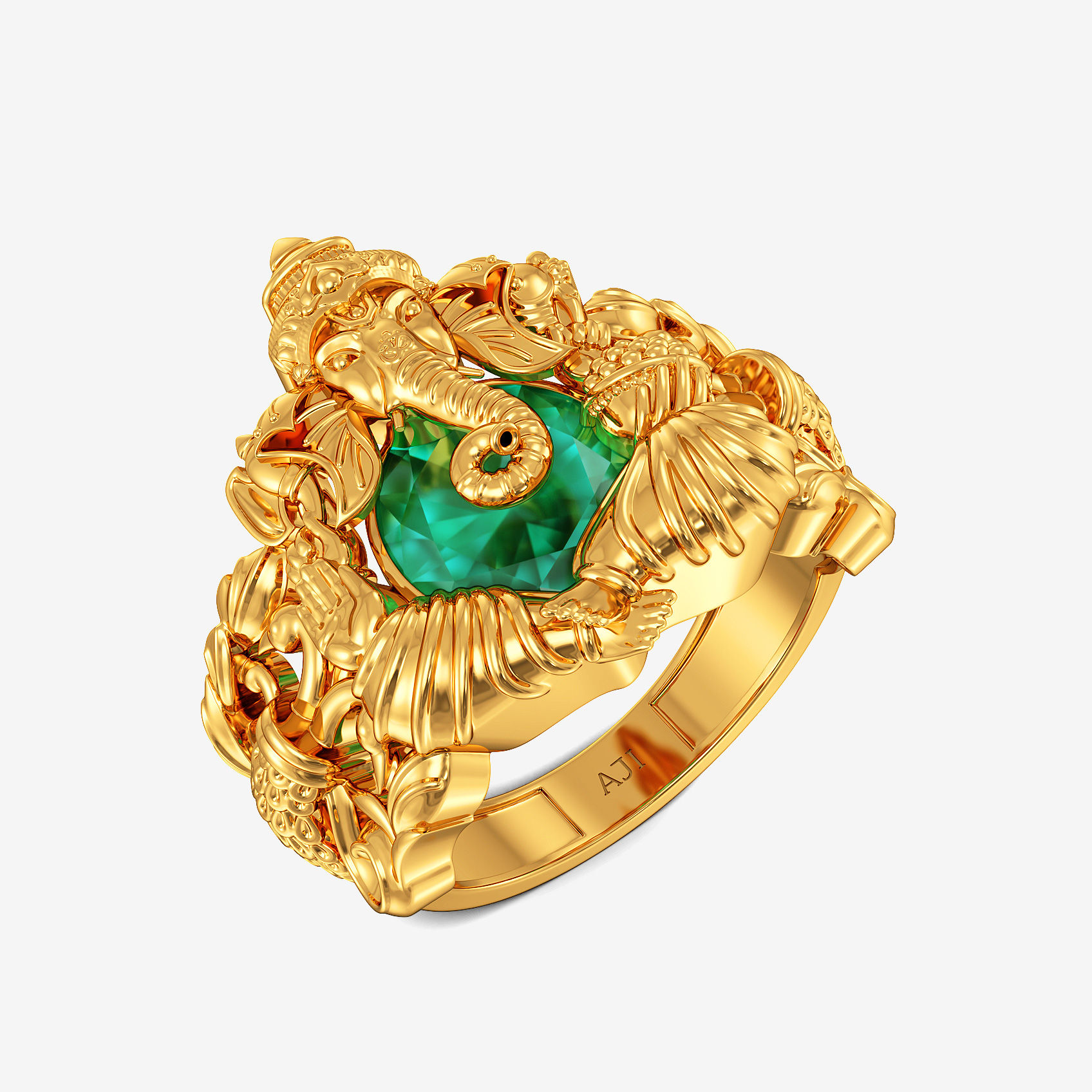 Peacock Bloom Ganesh Mens Gold Ring