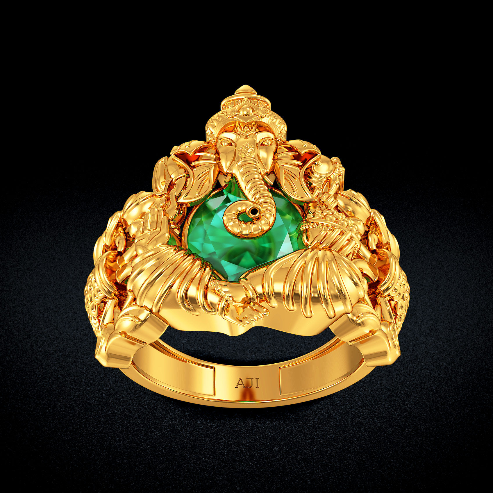 Peacock Bloom Ganesh Mens Gold Ring image
